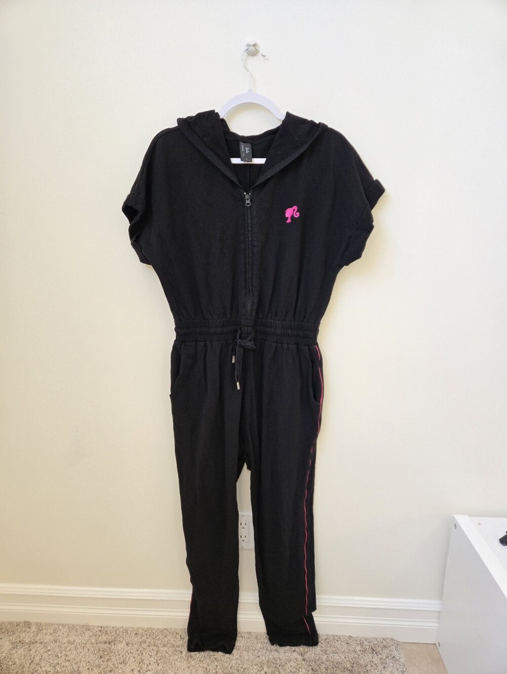 Barbie x Smash + Tess Black Hooded Jumpsuit Romper Pink Trim Medium